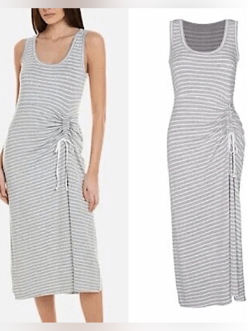 CAbi 5974 Easy Tank Midi Shirt Dress Sleeveless Stretch Ruched Gray White M